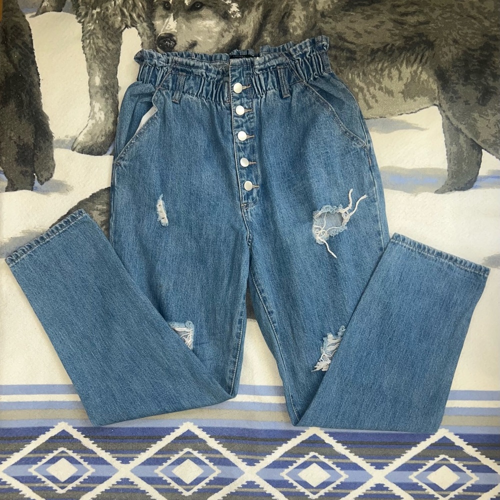 Forever 21 High Rise, Paperbag Waist, Straight Leg Distressed Button Fly Jeans